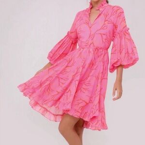 KLEID Agatha Asymmetric Ruffle Flowy Long Sleeve Mini Dress in Pink Corals sz M